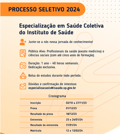 curso de especialização em Saúde Coletiva – 02/10 a 27/11/2023, estarão abertas as inscrições para o curso de especialização em Saúde Coletiva